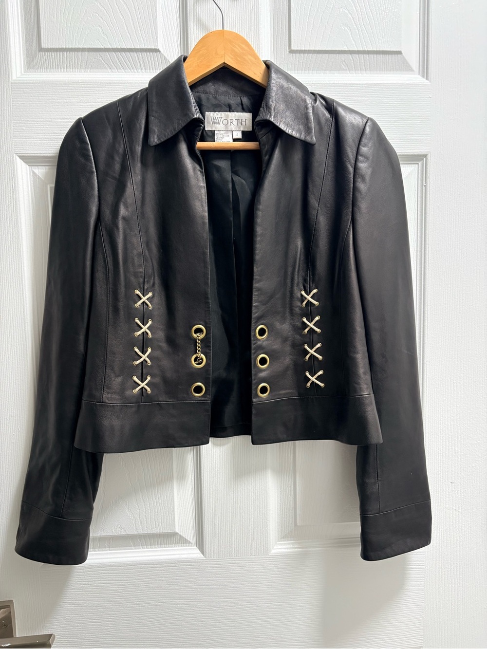 Worth Black Leather Jacket with Gold Eyelet & Lace-Trim
